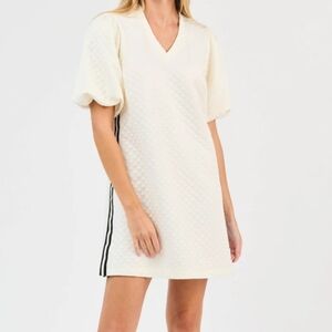 MARY SQUARE STACEY DRESS S IVORY QUILTED SHORT PUFF SLEEVES V NECK STRIPE TRIM